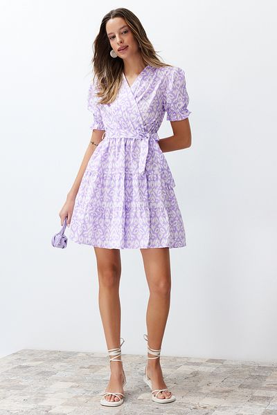 Trendyol Collection Rochie mini țesută cu deschidere în talie cu model etnic liliac TWOSS24EL00942