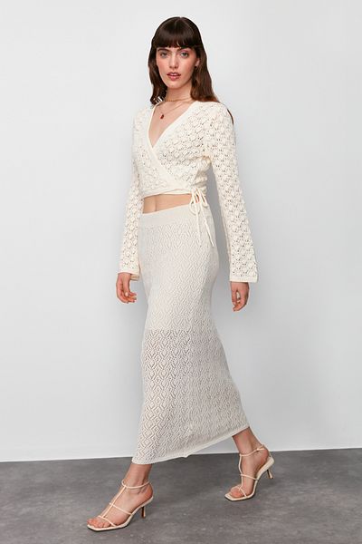 Trendyol Collection Stone Midi bélelt áttört/áttört kötöttáru szoknya TWOSS24ET00048