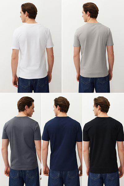 Trendyol Collection 5 db antracit-tengerkék-fekete csomag - 100% talajszövet, vékony/vékony szabású póló TMNAW20TS0243