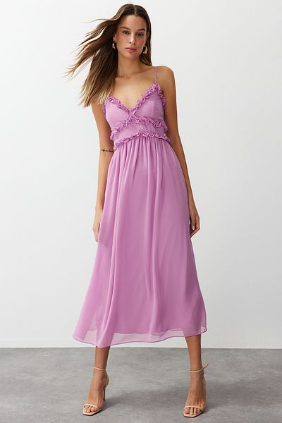 Trendyol Collection Fuchsia Blumendruck - A-Ausschnitt Chiffon Maxikleid mit Rüschendetail und Futter TWOSS23EL02013