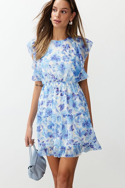 Trendyol Collection Rochie mini țesută cu flori albastre cu deschidere în talie TWOSS24EL00745