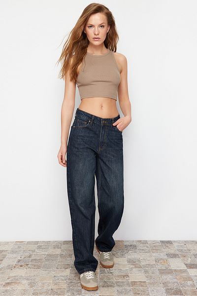 Trendyol Collection Sötétkék magas derekú széles lábú farmernadrág TWOSS24JE00133