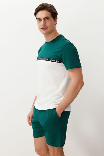 Trendyol Collection Zelená Ecru barva Blokovaný elastický pas Regular Fit Pletené šortky Sada pyžama TMNSS24PT00005