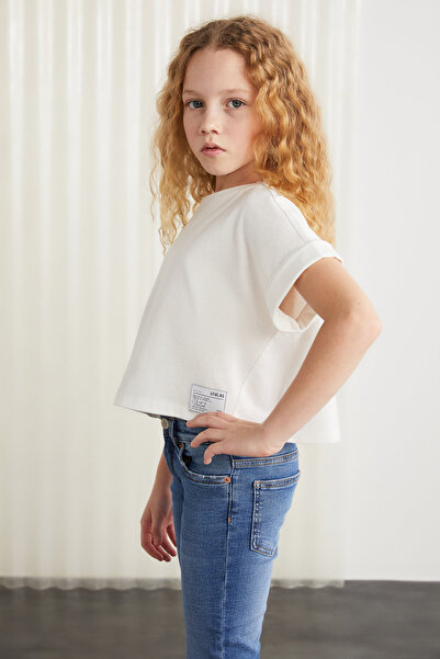 GRIMELANGE Dívčí tričko Verena ze 100% bavlny s dvojitým rukávem, bílé tričko s ozdobným štítkem