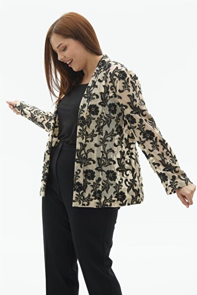 Genel Markalar Büyük Beden Üstü Jakarlı Yakası Çift Kat Hırka - Siyah