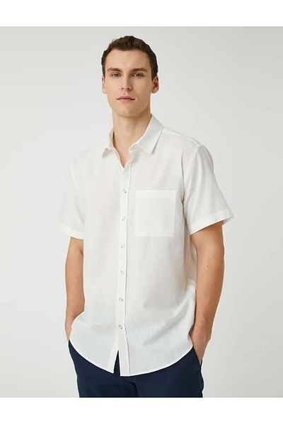 Koton Men's Clothing -BasicShort Sleeve Shirt, Pocket Detail, Classic Collar, 3sam60001hw, Off-white