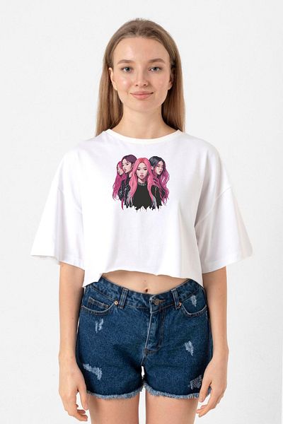 Tshirthane Blackpink Members Art Poster White Women's Crop T-shirt