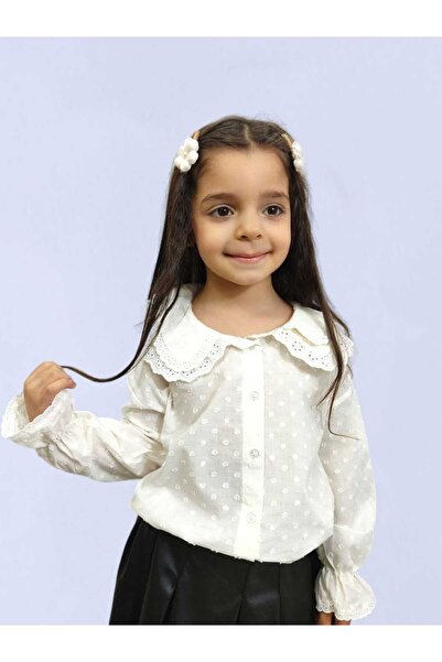 İHRACATFAZLASI Kız Çocuk Dokuma Dantel Yakalı Gömlek, 3-8 Yaş Arası