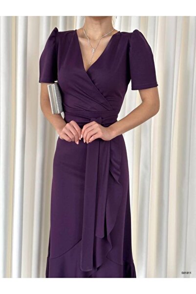 modakyra Rochie de damă din țesătură creponată mov, lungime midi, cu curea