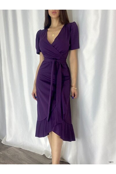 modakyra Rochie de damă din țesătură creponată mov, lungime midi, cu curea