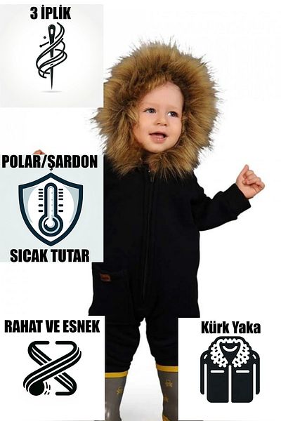 Ares Kids Fashion Fur Collar Hooded Fleece Inside Jumpsuit