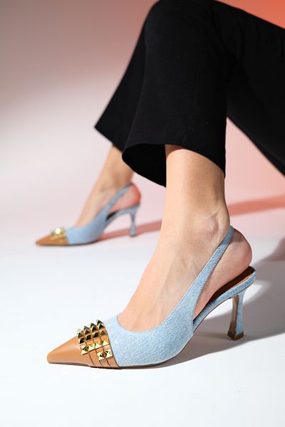 LuviShoes حذاء AELLA Denim Blue Tan Troked بمقدمة مدببة للنساء بكعب عالٍ