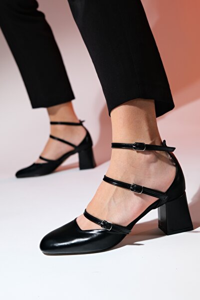 LuviShoes BEIN Siyah Cilt Kadın Kalın Topuklu Ayakkabı