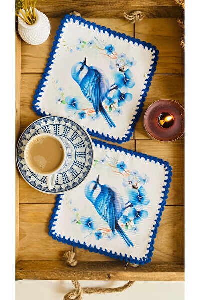 Runner Supla Home قطعتان من منديل تقديم قهوة الكوكتيل المزخرف بنمط الطيور الز...