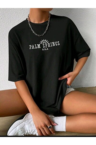 Deocept Дамска тениска с принт, свободна кройка, модел „бойфренд“, Палм Сприн...
