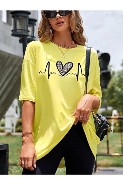 Deocept Tricou oversize pentru femei cu imprimeu Heart Rhythm Casual Boyfirend