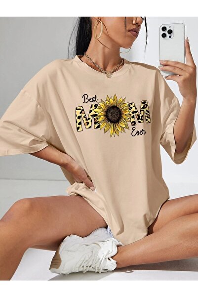 Deocept Μπεζ μπλουζάκι Oversize Best Mom Printed