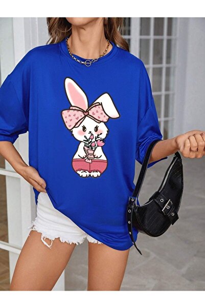 Deocept Tricou Salas supradimensionat pentru damă, cu imprimeu iepure, Boyfriend
