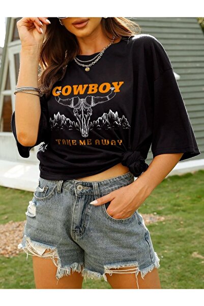 Deocept Μαύρο μπλουζάκι Oversize Take Me A Way Printed