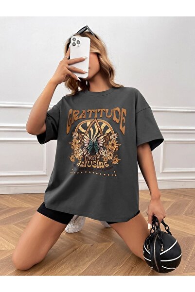 Deocept Tricou oversize afumat Gratitude Printed