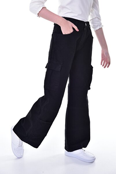Jannock Girl's Cargo Pocket High Waist Wide Leg 100% Cotton Jeans