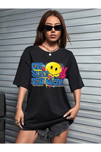Deocept Stay Weird Printed Γυναικείο Oversize Μαύρο T-shirt Salas Boyfriend