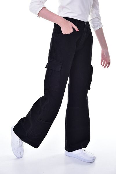 Asortik Kids Girl's 100% Cotton Cargo High Waist Wide Leg Jeans Jean Pants 10 Years-11 Years-12 Years-13 Years-14 Years
