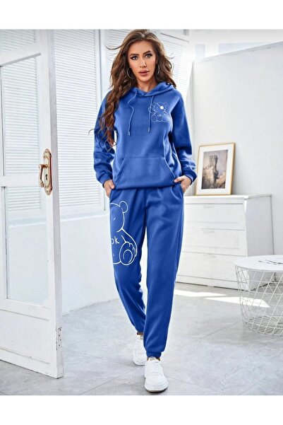 Deocept Жіночий комплект з синьою кофтою з капюшоном і синіми штанами Oversize