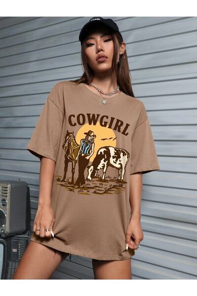 Deocept Γυναικείο μπλουζάκι με στάμπα Cowgirl Oversize καφέ