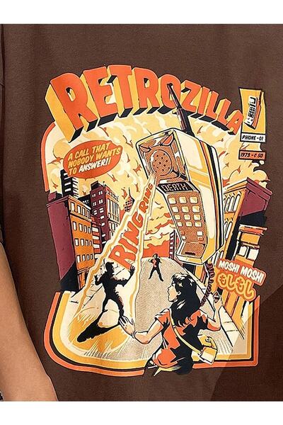 Deocept Ρετρό εμπριμέ γυναικείο μπλουζάκι Oversize καφέ