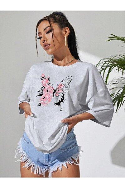 Deocept Butterfly Printed Women's Oversize Gray Salas T-shirt Boyfriend