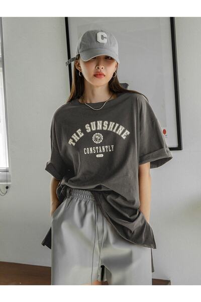 Deocept Футболка Sunshine - димчаста, з принтом, з круглим вирізом, з принтом, з короткими рукавами, бойфренд,