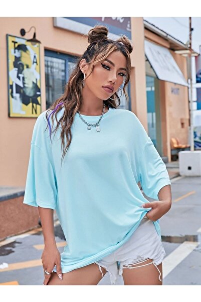 Deocept Girl Gang Printed Baby Blue Oversize T-shirt Casual Boyfirend