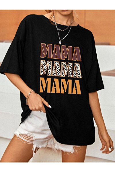Deocept Tricou Oversize Imprimat Mama Negru Salas Boyfriend