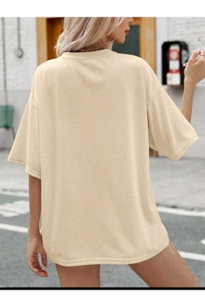 Deocept Γυναικείο μπλουζάκι Minimal Heart Printed Beige Oversize Salas Boyfriend