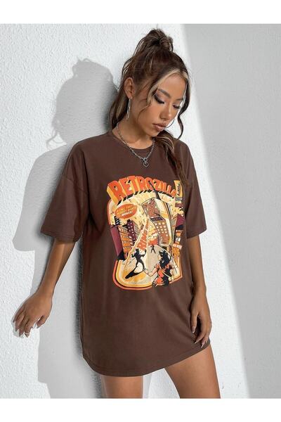 Deocept Ρετρό εμπριμέ γυναικείο μπλουζάκι Oversize καφέ