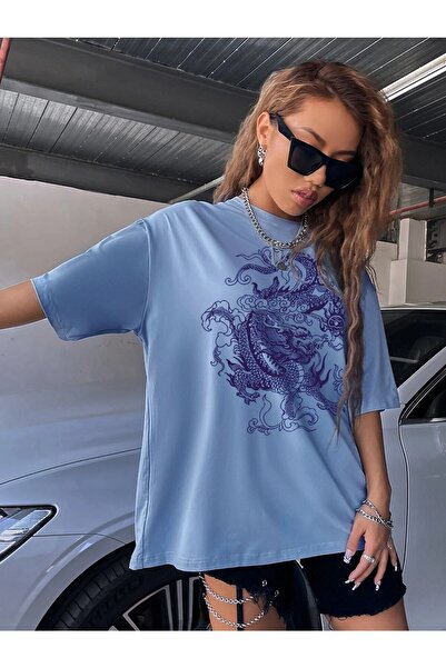 Deocept Μπλε Oversize T-shirt Dragon Printed