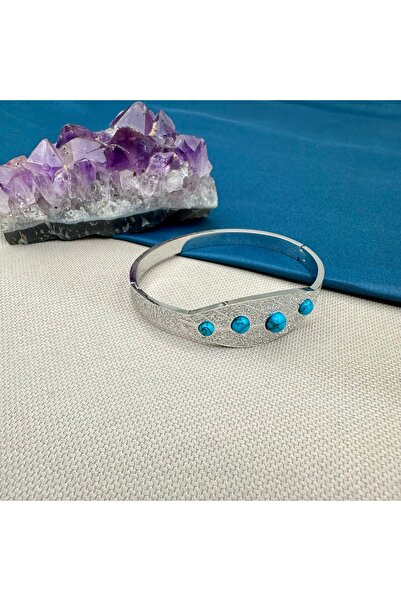 Opia Takı & Aksesuar Kadın Çelik Turkuaz Doğal Taşlı Yaprak Silver Kelepçe Bi...