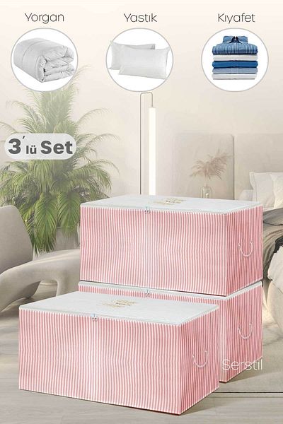 Serstil 3 Pieces - Medium Size Pink Striped Storage Bag 63 X 40 X 34 Cm