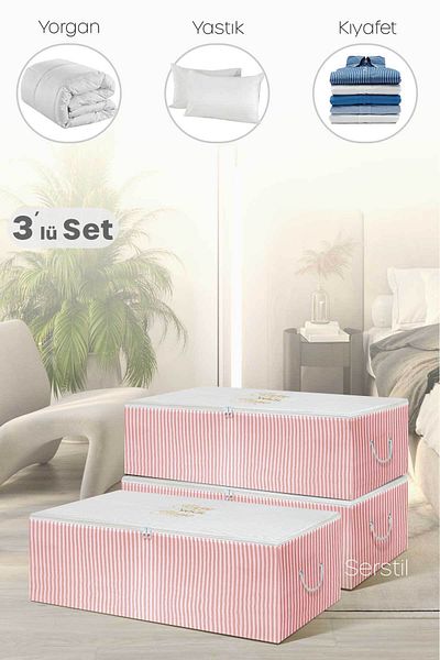 Serstil 3 bucăți - Depozit de depozitare Mega Size Underlay Pink Stripes 74 x 46 x 22 cm