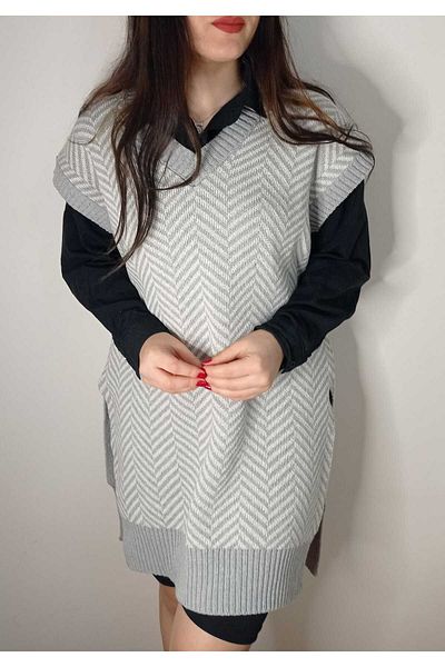 moda mh FASHION MH V-NECK FISH BACK GRAY STONE SUITER