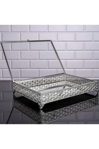 Hinora Nil Rectangle Presentation Box Mirrored Chest Glass Lid Σοκολατένιο και κουτί κοσμημάτων Μεγάλο ασημί