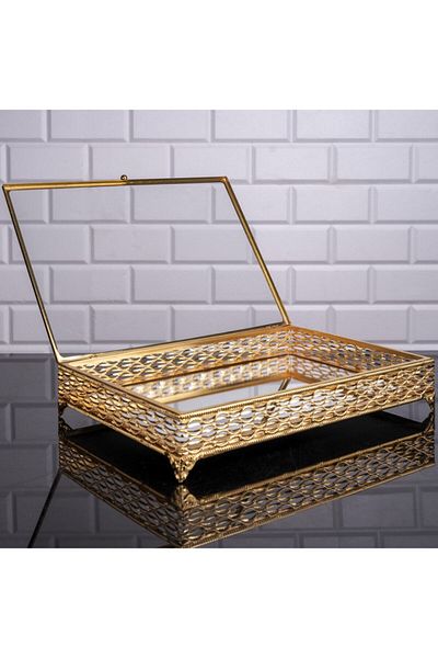 Hinora Nil Rectangle Presentation Box Mirrored Chest Glass Lid Σοκολατένιο και κουτί κοσμημάτων Μεγάλο χρυσό