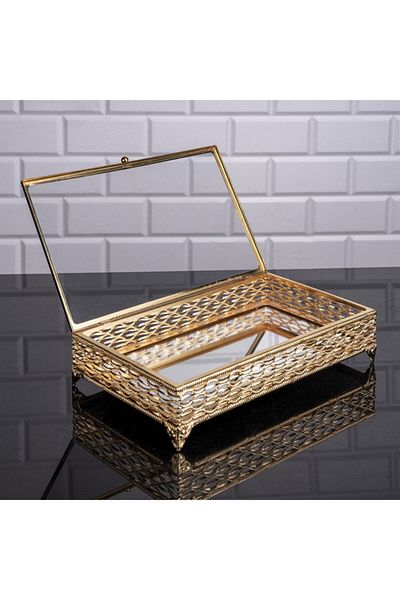 Hinora Nil Rectangle Presentation Box Mirrored Chest Glass Lid Σοκολατένιο και κουτί κοσμημάτων Μεσαίο χρυσό