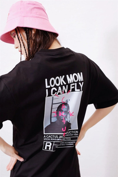 oneagılyazı Tricou negru oversize cu imprimeu Look Mom I Can Fly