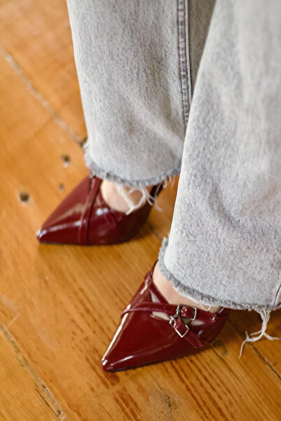 Minaj Store Claret Red Patent Leather Double Buckle Women's Heeled Shoes