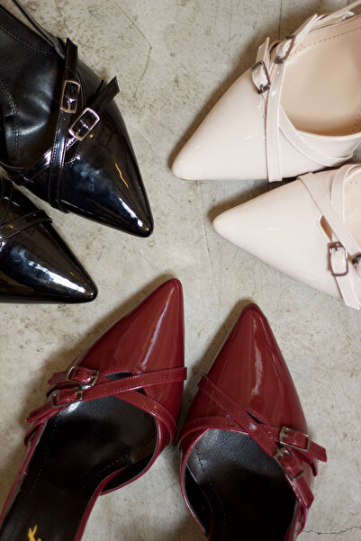 Minaj Store Black Patent Leather Double Buckle Women's Heeled Shoes