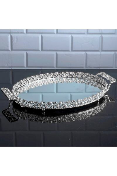 Hinora Diamond Stone Oval Tavă mare cu oglindă Mâner metalic Prezentator Tavă...