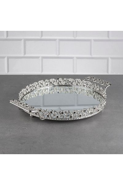 Hinora Diamond Stone Στρογγυλός Μικρός Δίσκος Καθρέφτης Μεταλλική Λαβή Παρουσίασης Καφέ Δίσκος Σοκολάτας Ασημί 25cm
