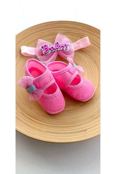 Bilge Trend Pink Glitter Baby Girl Booties and Bandana Set